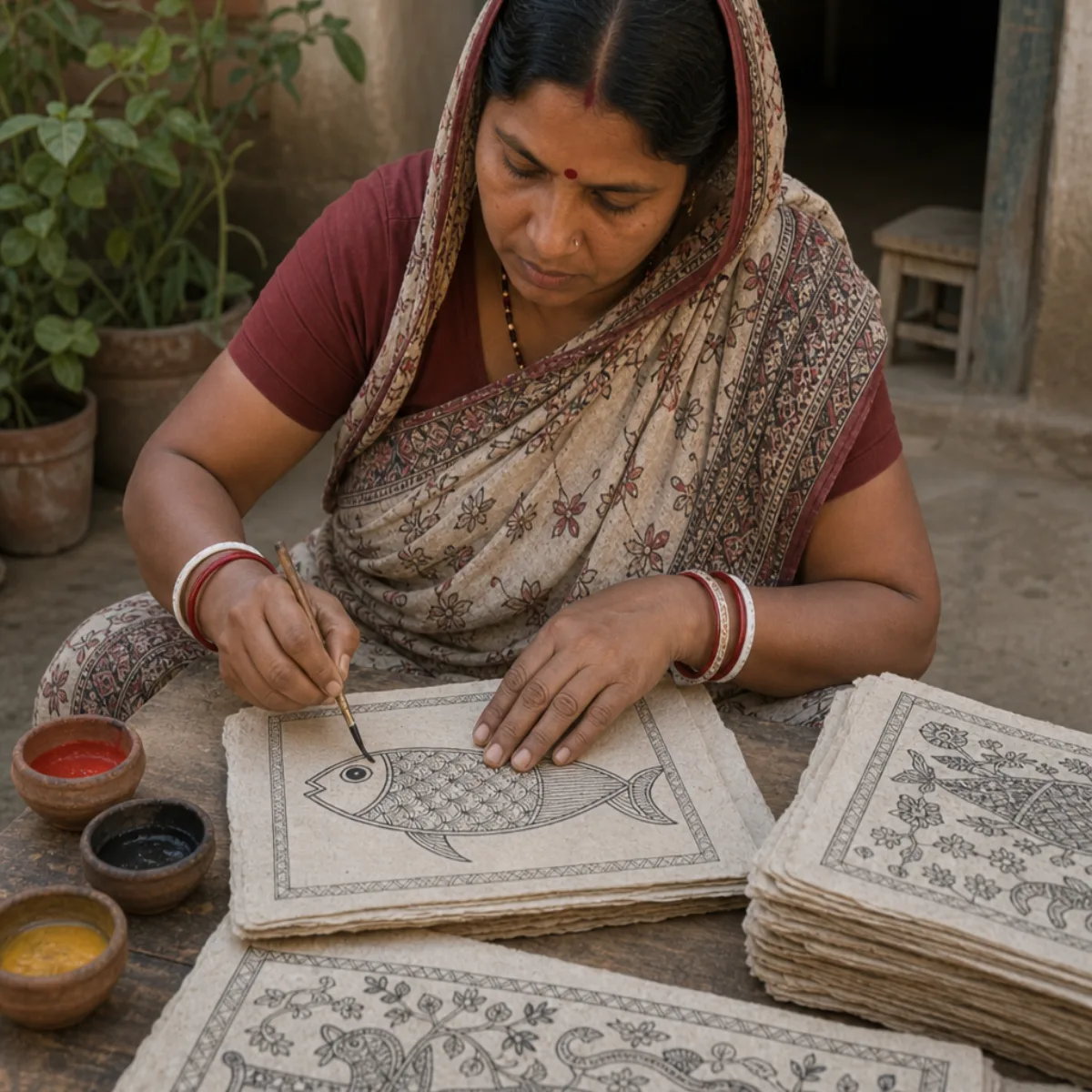 Craft-process illustration of an artisan painting Madhubani-style folk art on handmade paper. Made in the Mithila painting tradition, Bihar, India; not a GI-authorised product claim. Artisan in Bihar hand-painting a Madhubani fish motif on handmade paper