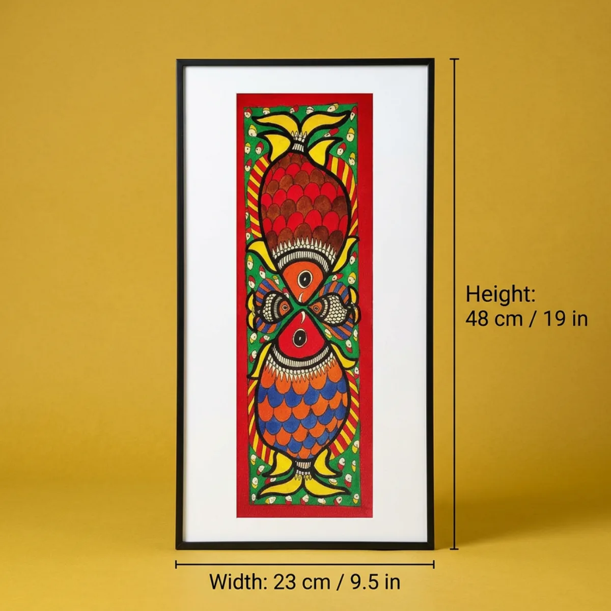 Framed Madhubani painting size about 48 cm high / 19 in