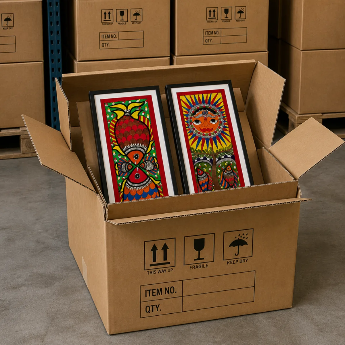 Export shipping carton with inner boxes of framed Madhubani painting sets from India