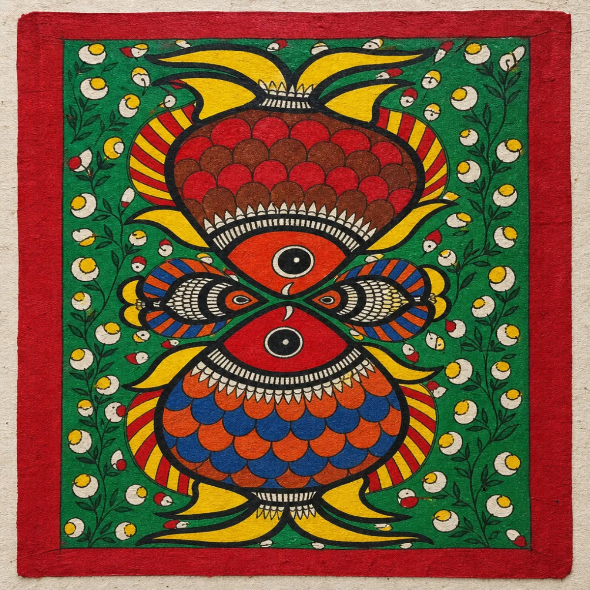 Close-up of Madhubani fish painting with red, orange and blue scales on handmade paper