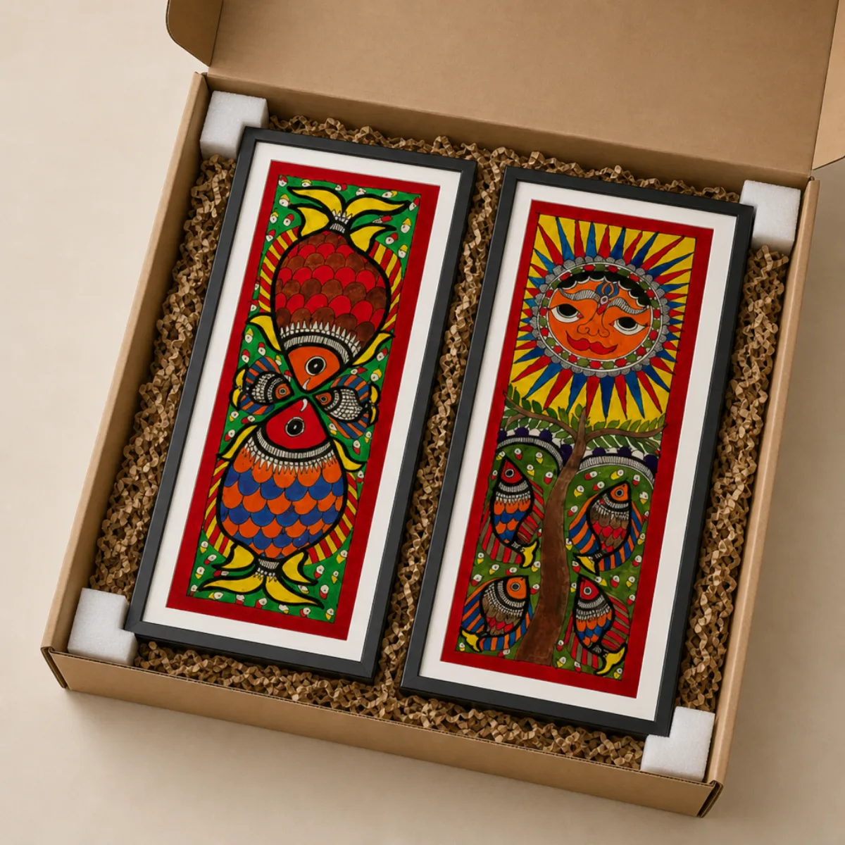 Framed Madhubani painting pair packed in a kraft gift box with foam for export