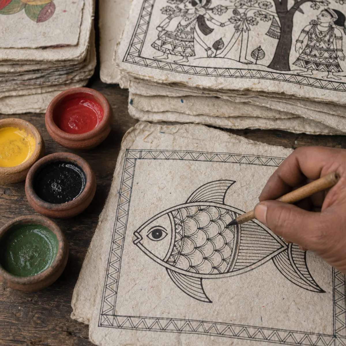 Handmade paper and natural pigments used for Madhubani painting