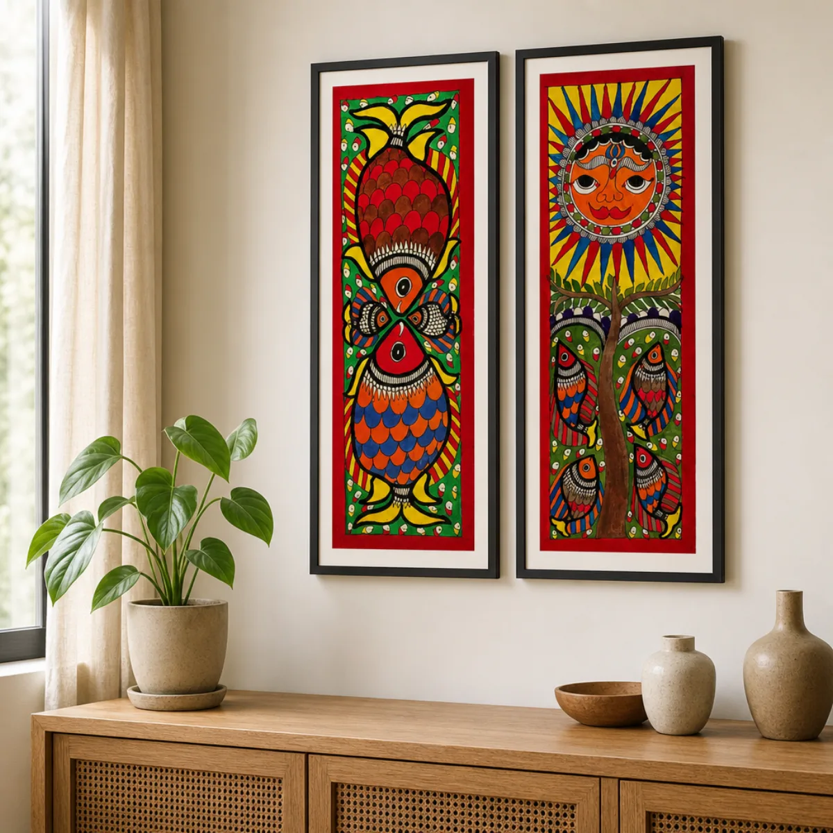 Set of 2 framed Madhubani paintings, fish and sun motifs, hanging above a console in an Indian home