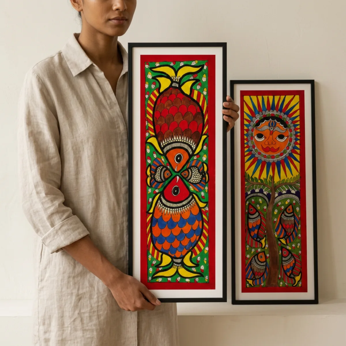 Person holding a 48 cm framed Madhubani painting to show scale