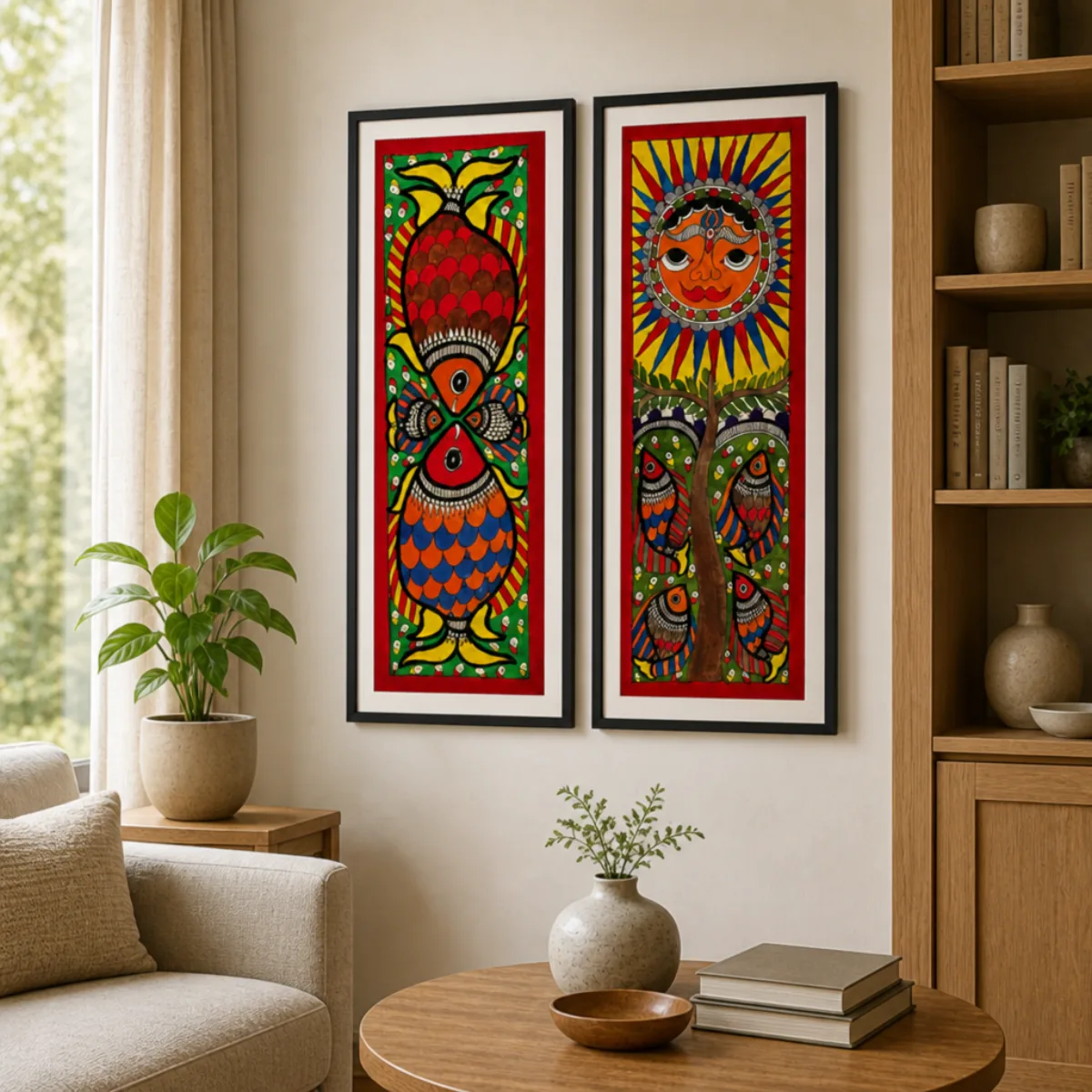 Framed Madhubani painting pair used as living-room wall décor