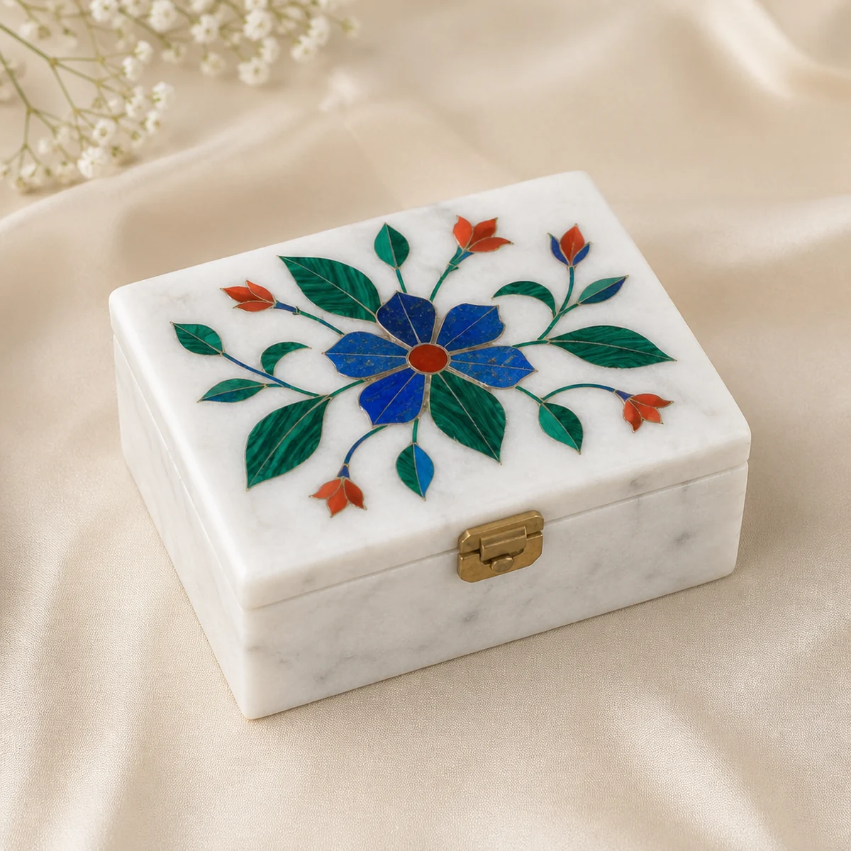 Handmade Agra marble inlay jewelry box on linen, floral pietra dura lid, India