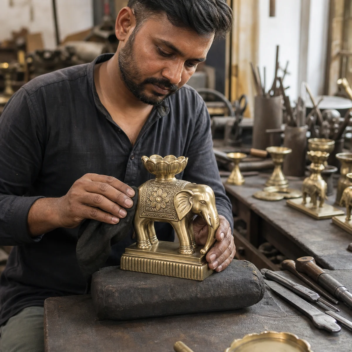 Artisan in Moradabad polishing a handmade brass elephant candle holder