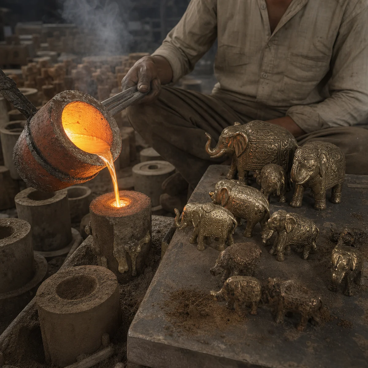 Brass being cast in a sand mould in an Indian metal handicraft workshop