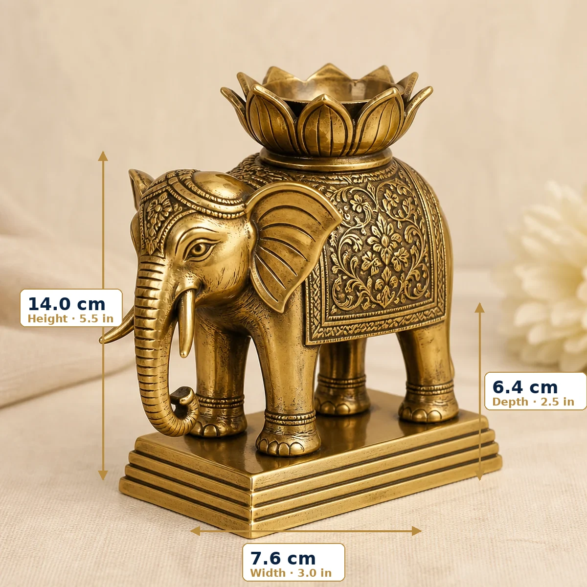 Pure brass elephant candle holder size 14.0 × 7.6 × 6.4 cm handmade in India
