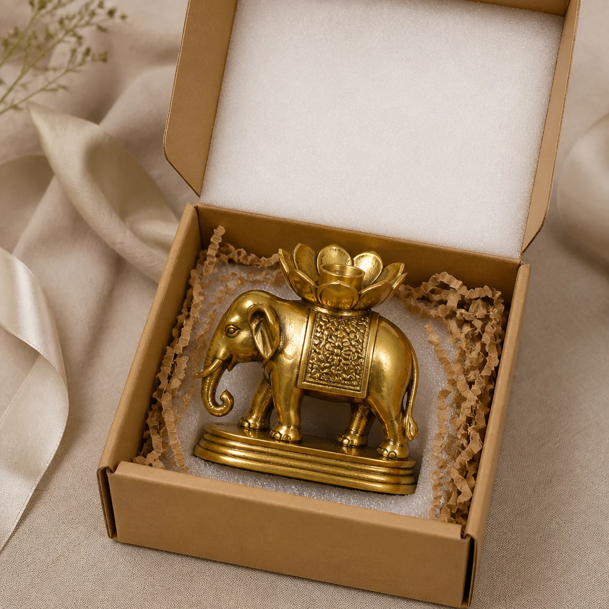 Pure brass elephant candle holder packed in a kraft gift box with cushioning for export from India