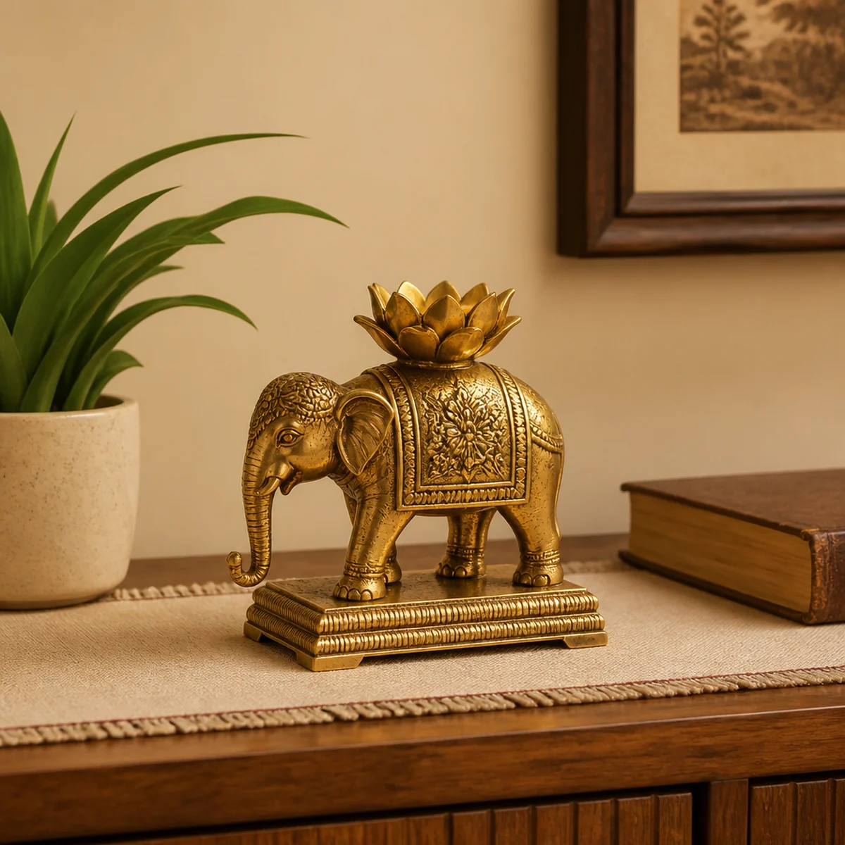 Brass elephant candle holder styled as indoor console décor in a living room