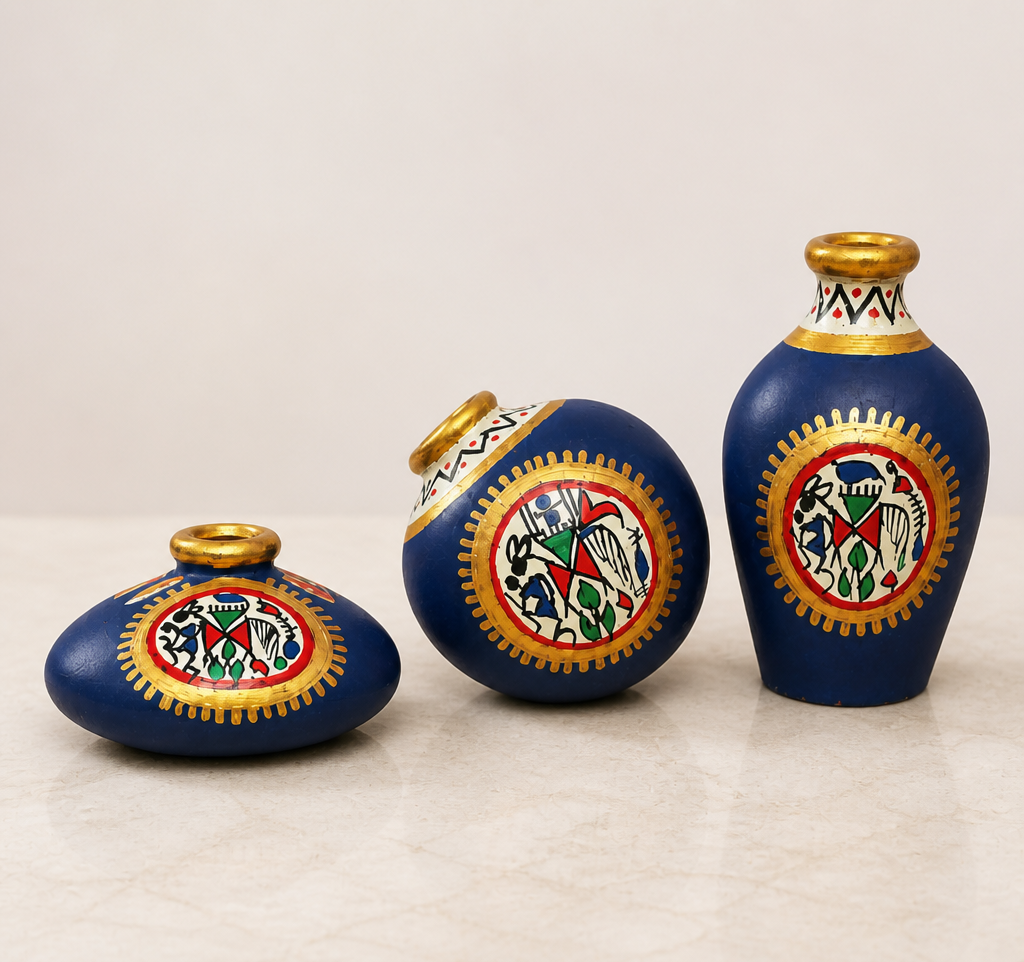 Set of three Warli hand-painted terracotta mini pots, hero product view
