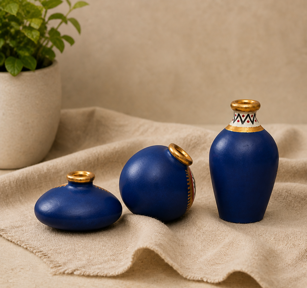 Side and back view of the three Warli terracotta mini pots
