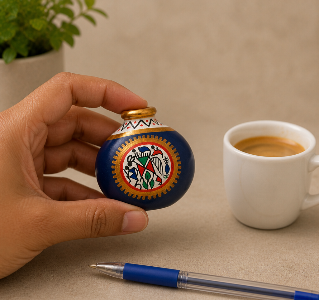 Hand holding a Warli terracotta mini pot beside a cup to show miniature scale