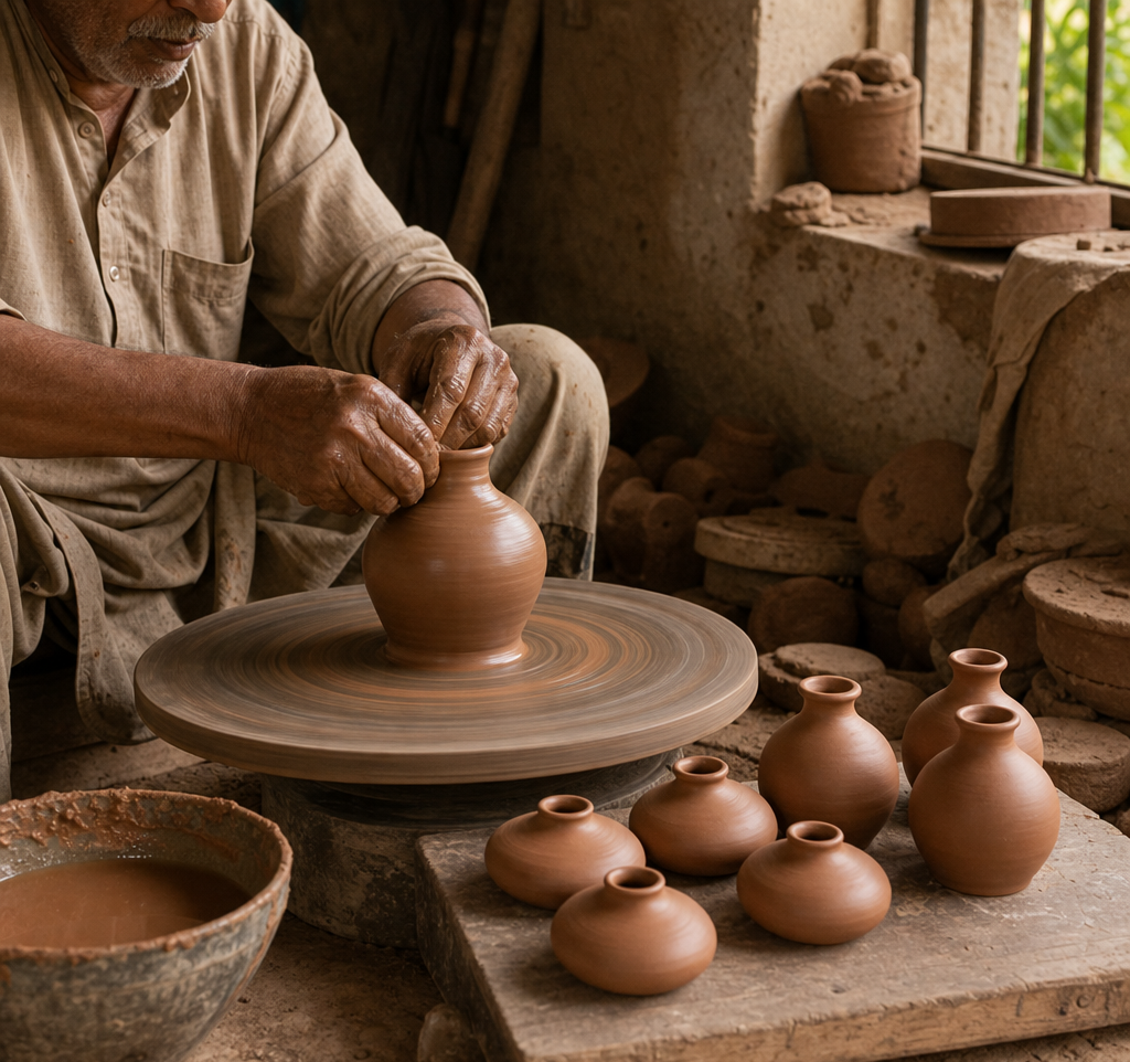 Terracotta manufacturing: clay being thrown and unpainted mini pots in an Indian workshop