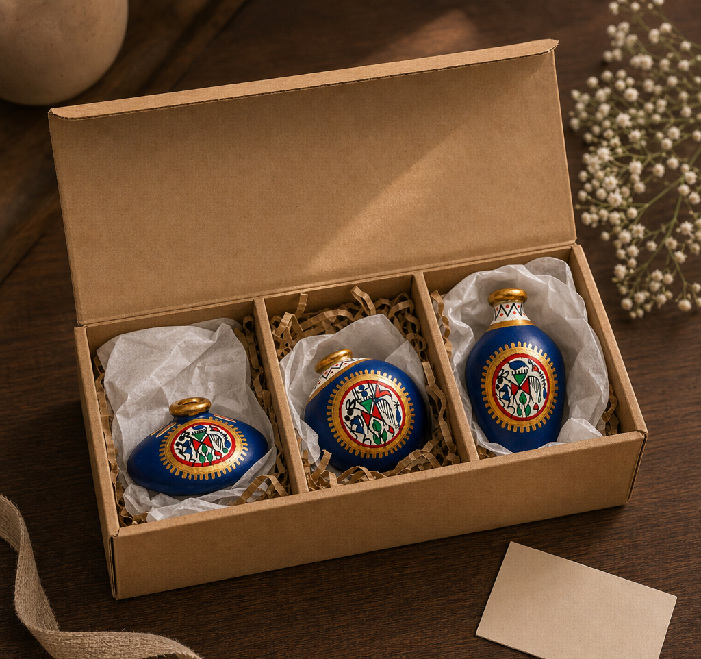 Three Warli terracotta mini pots packed in a kraft gift box with cell dividers