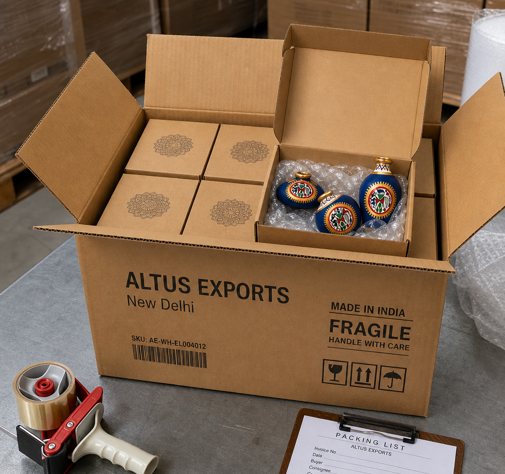 Export carton marked Made in India with inner gift boxes of Warli terracotta mini pots