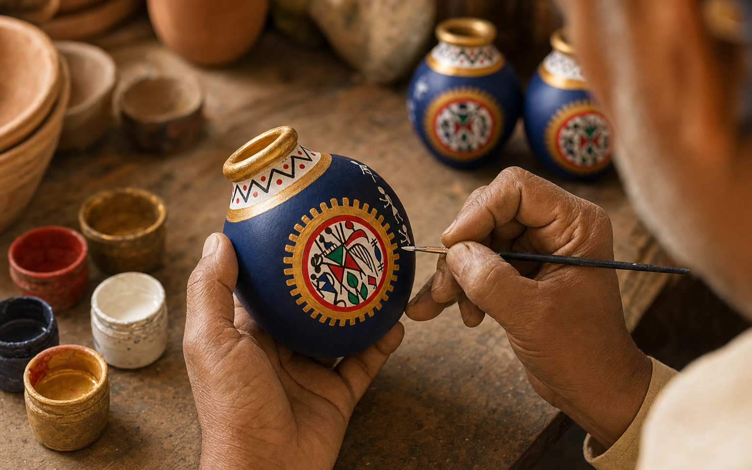 Artisan in Maharashtra hand-painting Warli figures on a blue terracotta mini pot