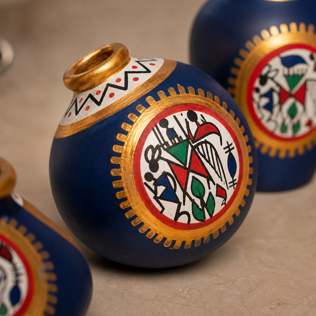 Close-up of Warli tribal painting on a blue terracotta mini pot