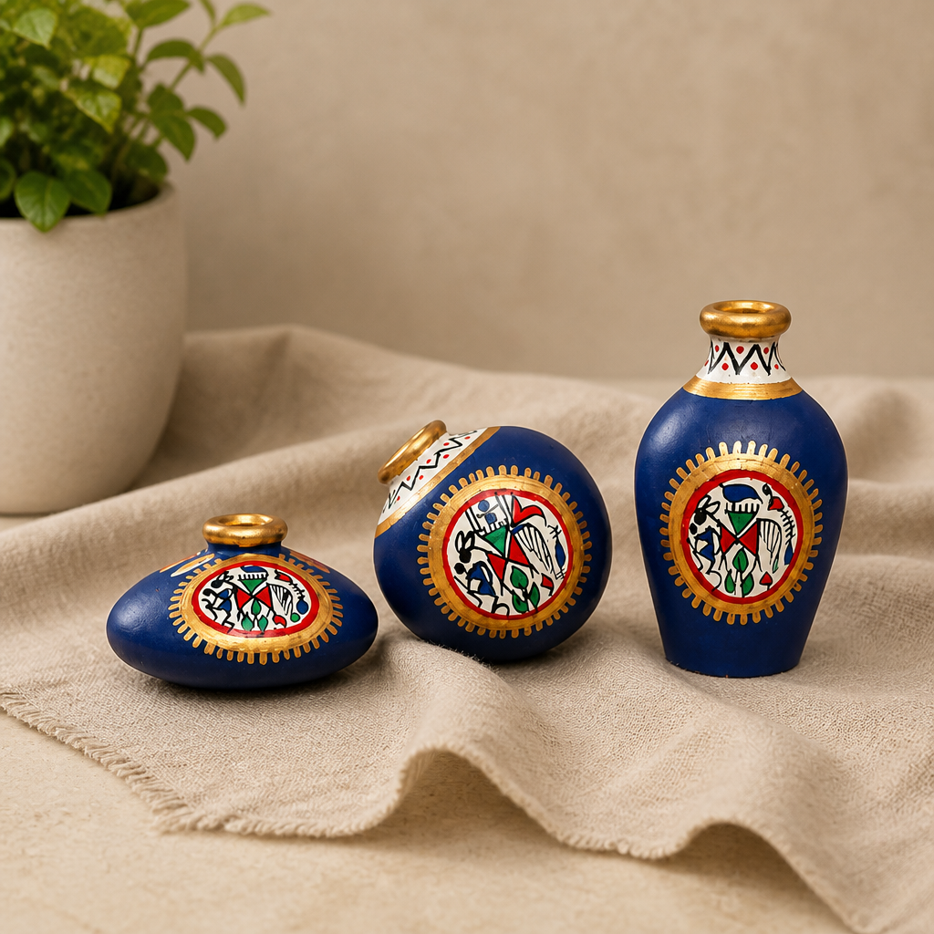 Front view of three blue Warli terracotta mini pots on linen