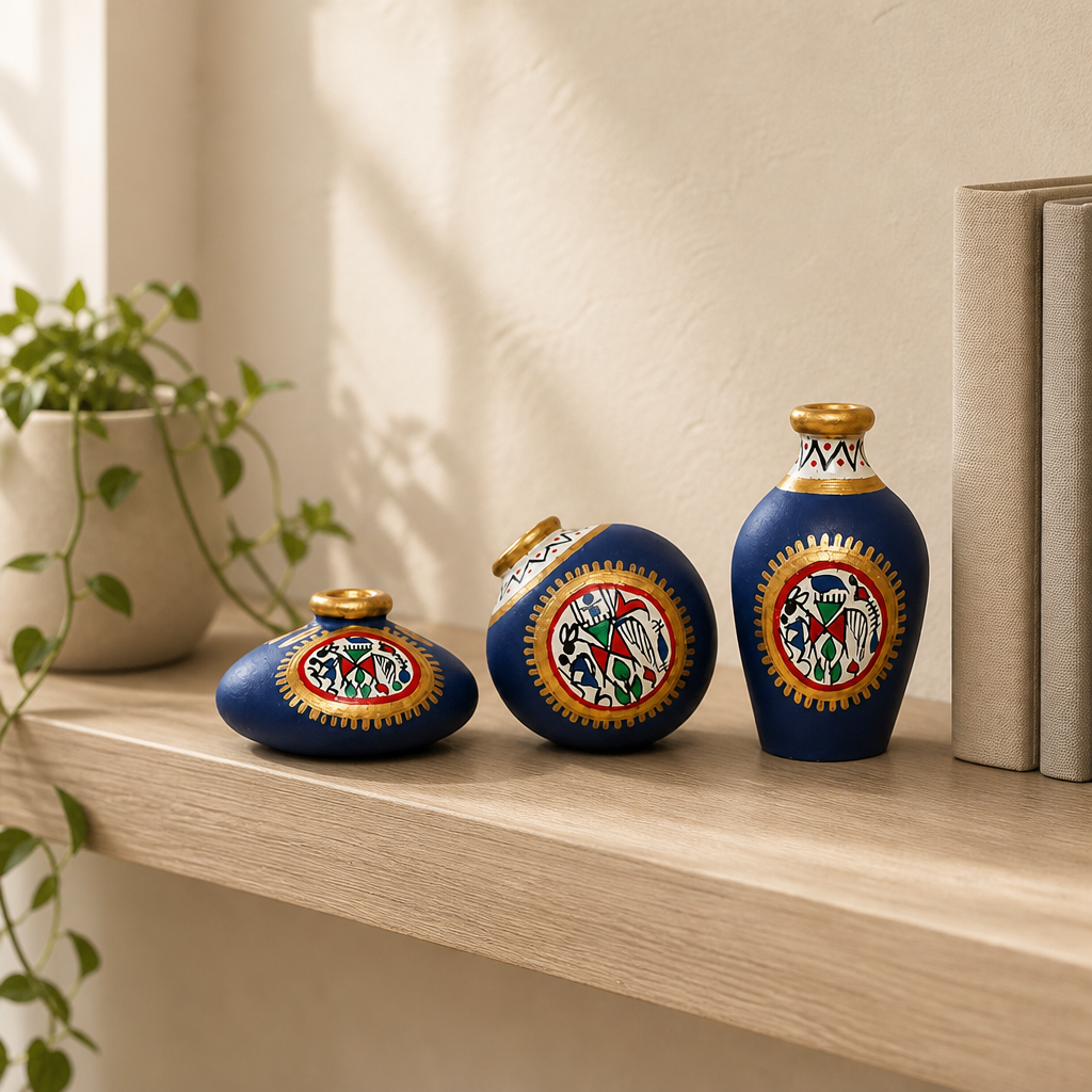 Warli terracotta mini pots styled on a wooden living-room shelf