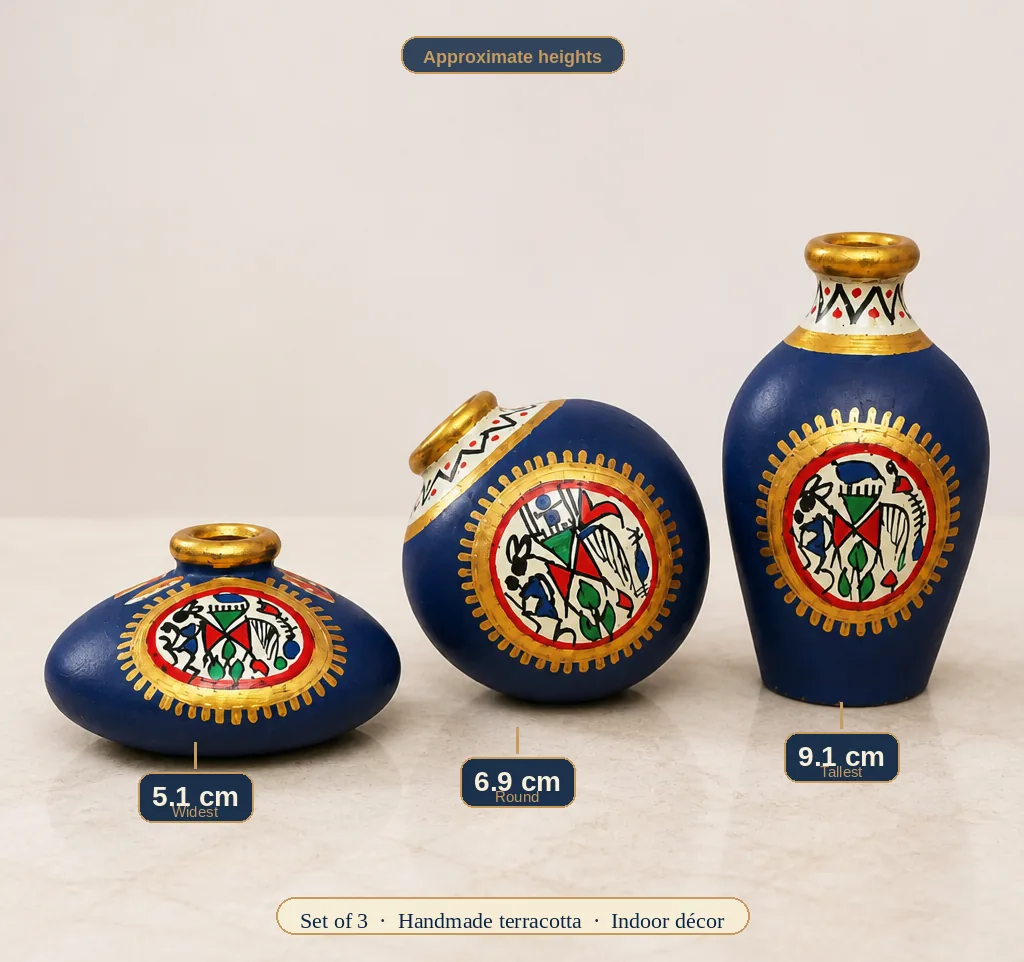 Warli terracotta mini pots with approximate heights 5.1 cm, 6.9 cm and 9.1 cm