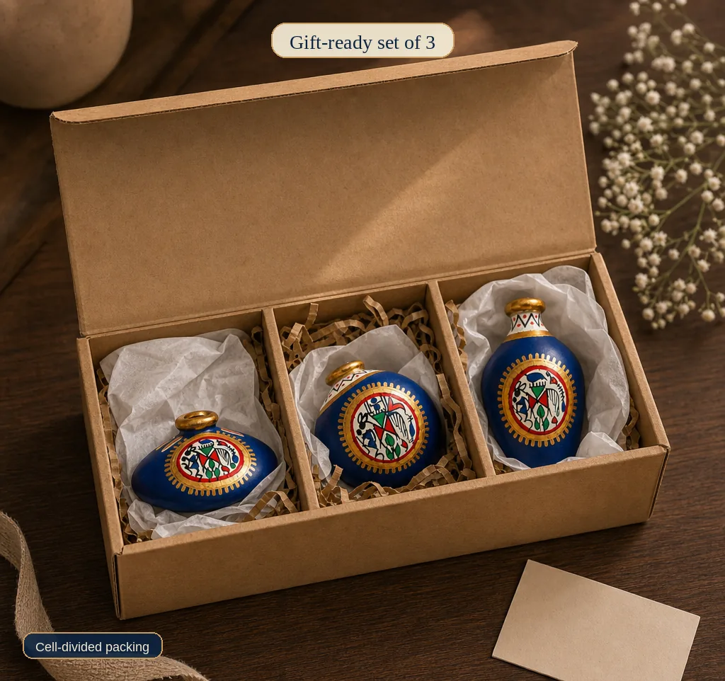 Warli terracotta mini pots packed in a kraft gift box with cell dividers for export