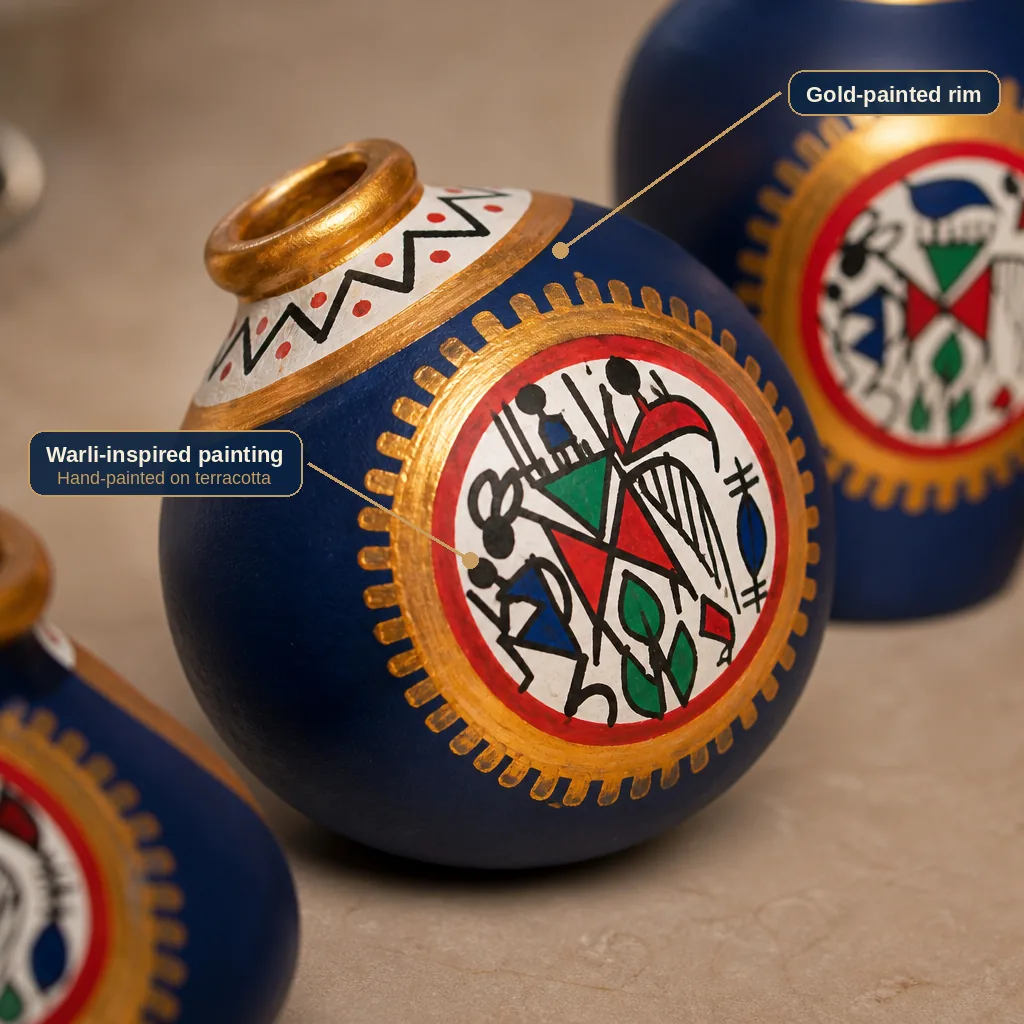Close-up of hand-painted Warli-inspired artwork and gold rim on a blue terracotta mini pot