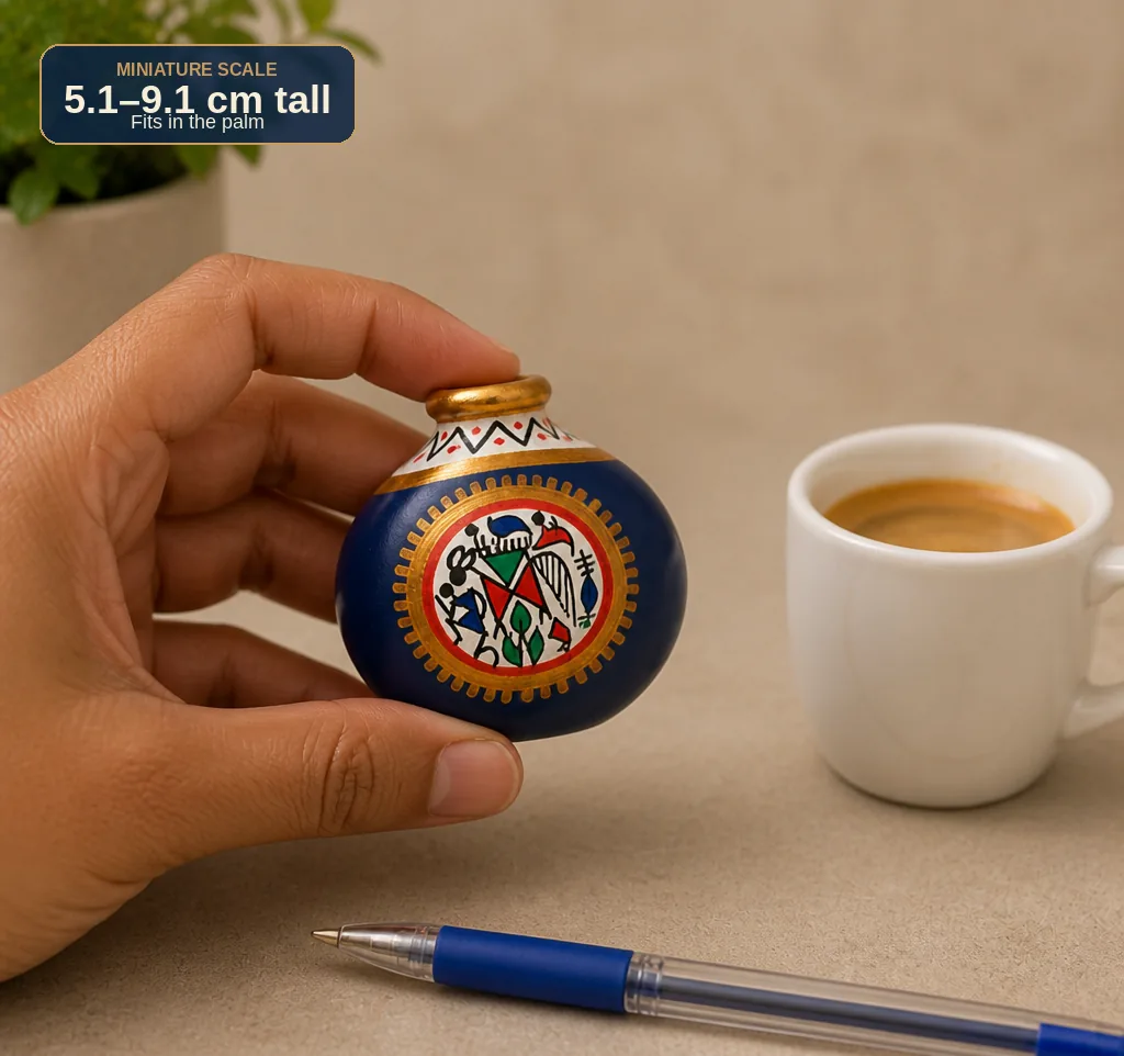 Hand holding a Warli terracotta mini pot to show miniature scale of 5 to 9 cm