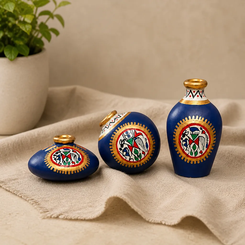 Handmade Warli-style terracotta mini pots set of 3 on linen, deep blue with gold rims, Maharashtra India