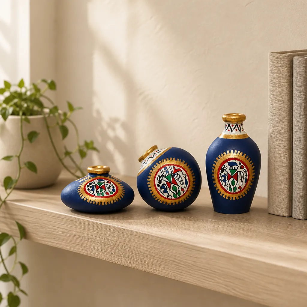 Warli terracotta mini pots styled as indoor shelf décor in a living room