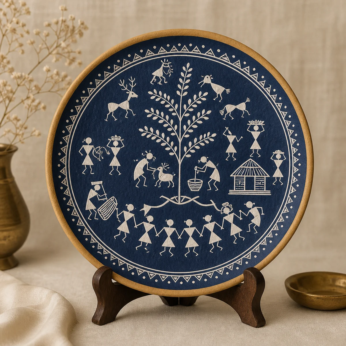 Handmade Warli-style terracotta wall plate on linen, deep blue with gold rim, Maharashtra India