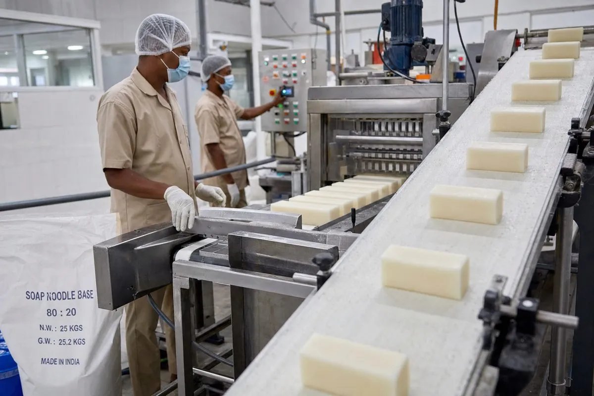 Soap manufacturing plant bar soap finishing line using imported soap noodle base feedstock