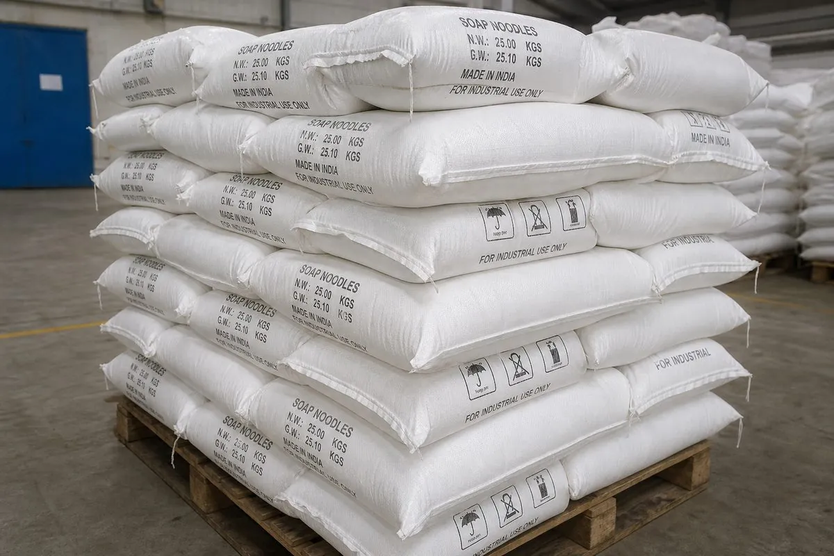 25 kg woven polypropylene bags of soap noodles stacked on pallets for ocean export from India