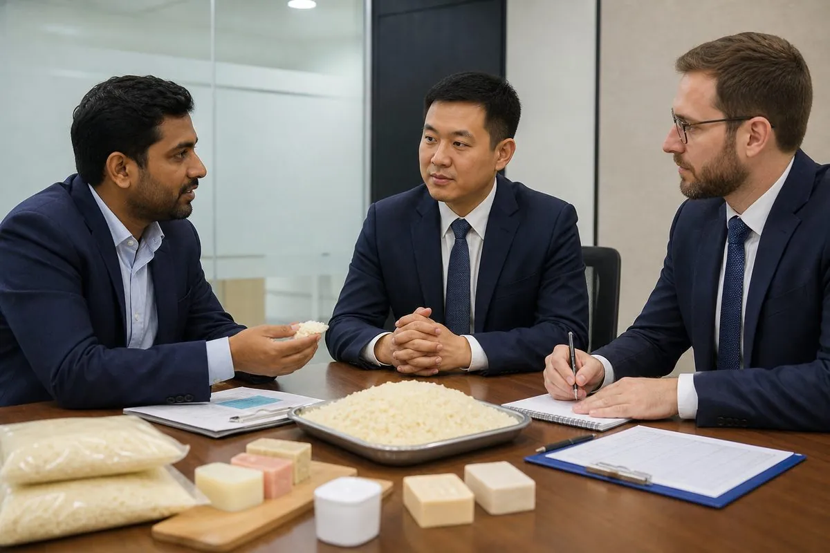 International buyer reviewing soap noodle samples and export specifications with Indian merchant exporter