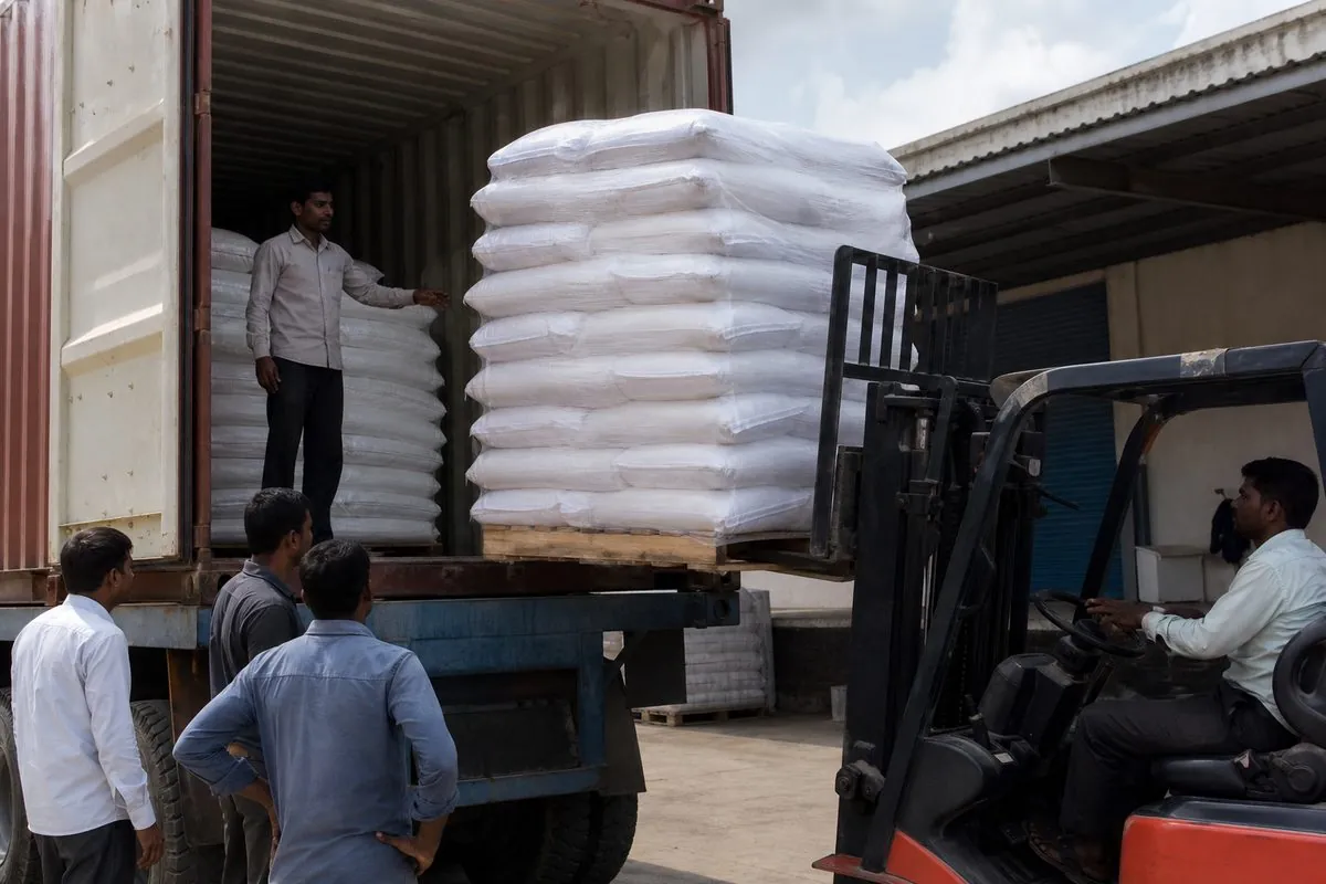 Truck loading palletized soap noodle bags at export warehouse dock in Gujarat India