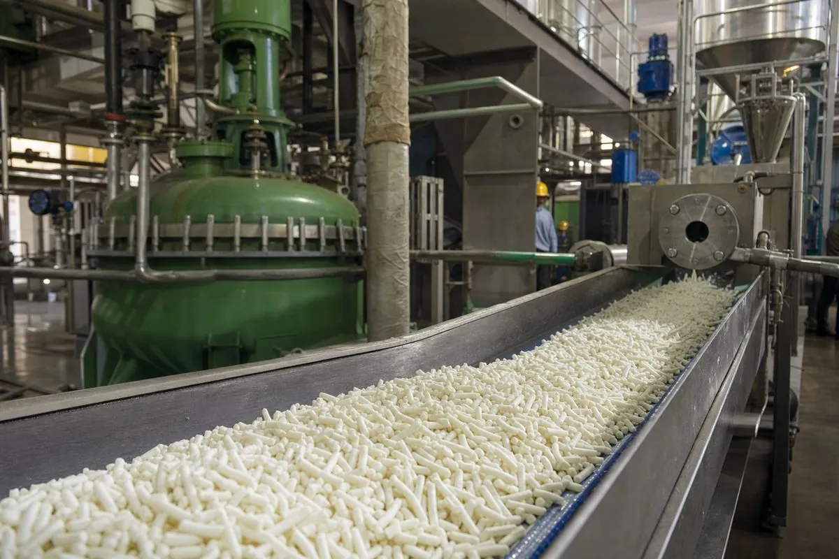 Soap noodle saponification and extrusion line in Gujarat oleochemical plant with drying equipment