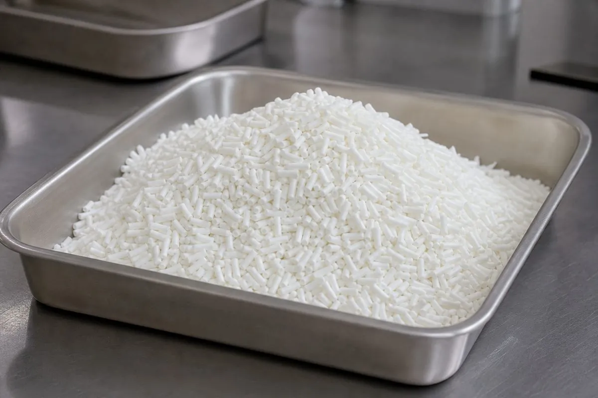 Close-up of white toilet-grade soap noodles in export sample tray showing uniform pellet size and color