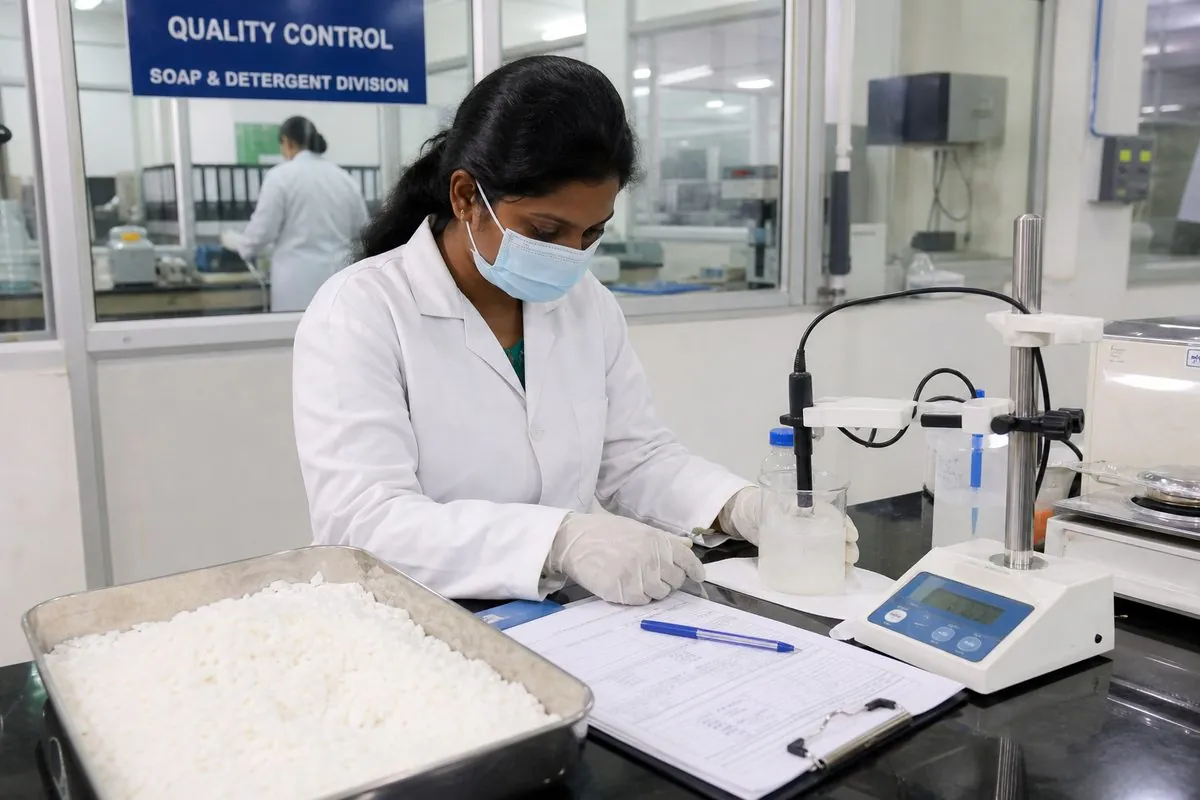 Quality technician testing soap noodle TFM and moisture with Certificate of Analysis documentation