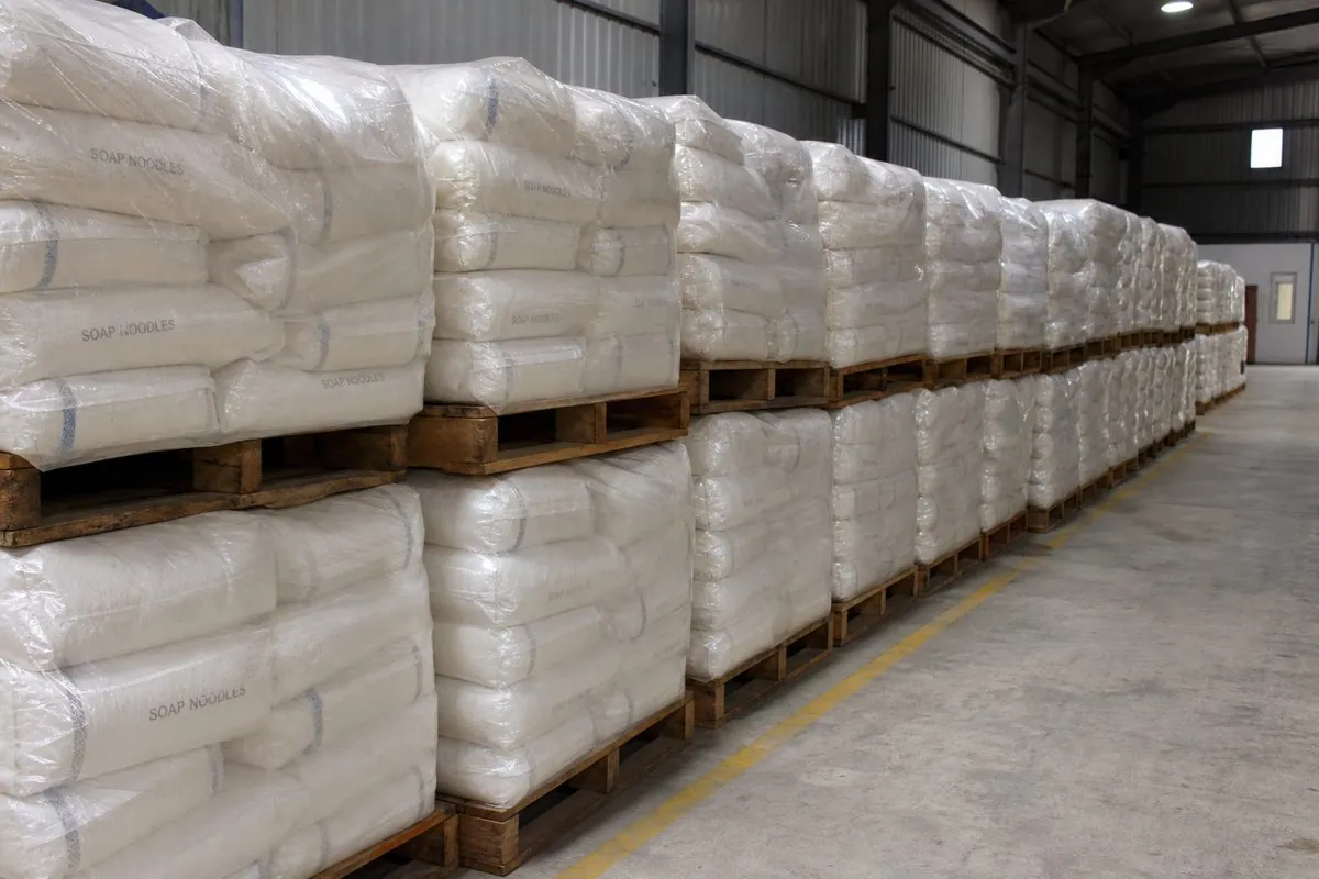 Palletized soap noodle bags staged in dry Indian export warehouse before port dispatch