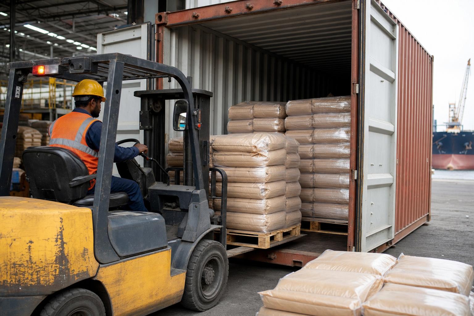 Shipping container being stuffed with palletized spice blend export bags