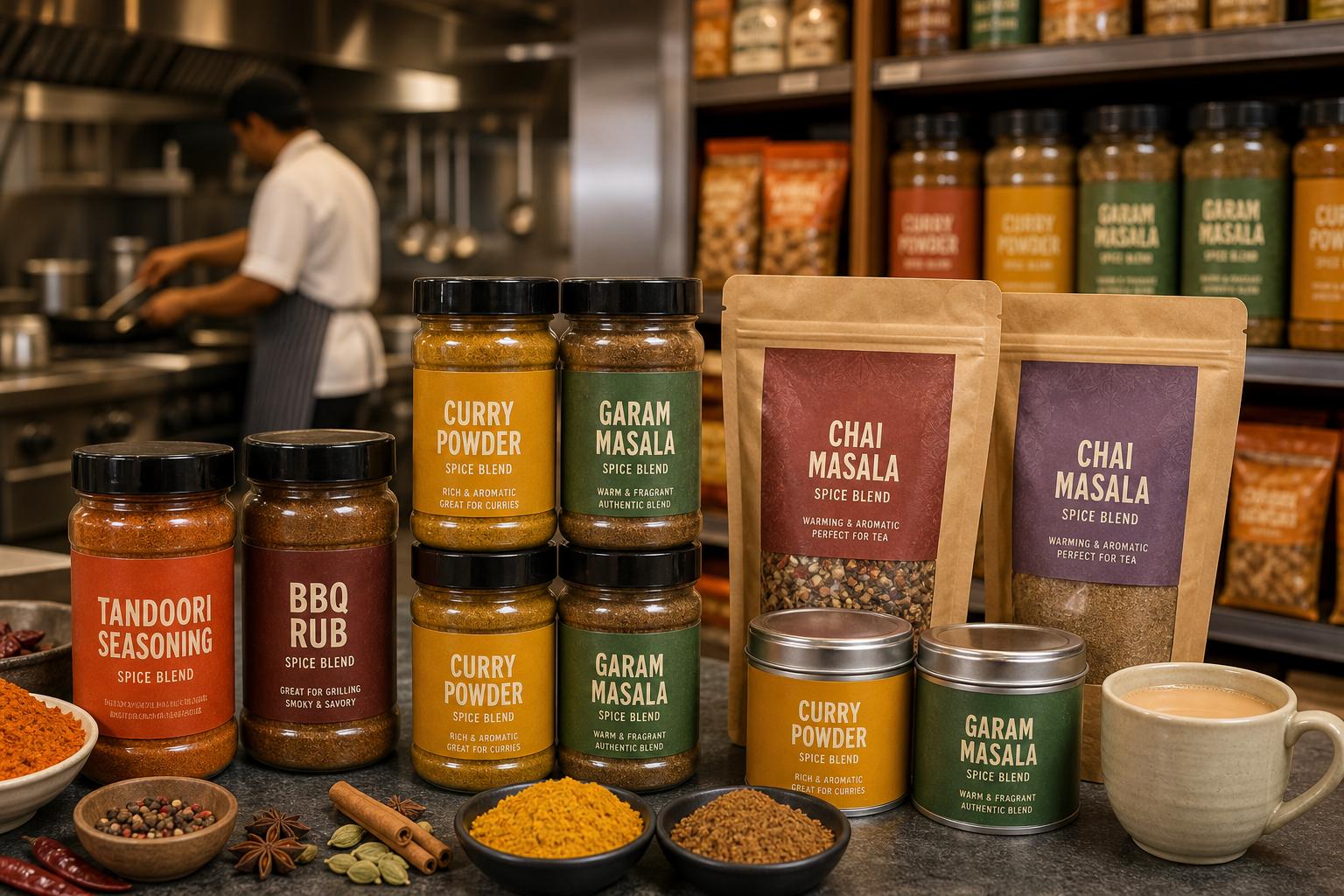Retail jars and foodservice tubs of curry powder, garam masala, and seasonings