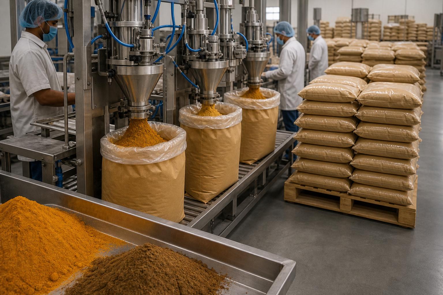 Kraft bags with PE liners filled with export spice blends on a packaging line