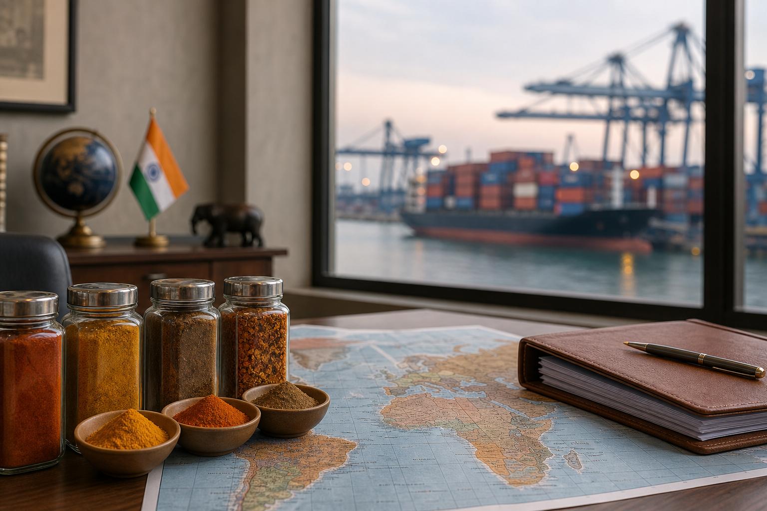 Export desk with spice blend samples and trade documents for global buyers
