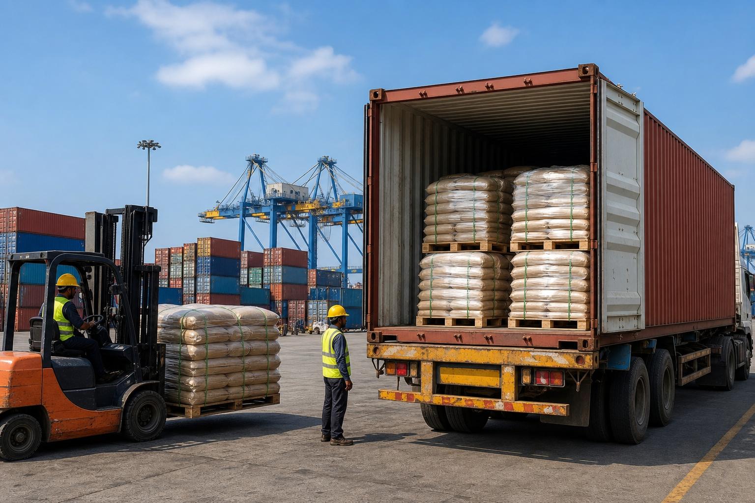 Truck delivering palletized spice blend bags to an Indian container port