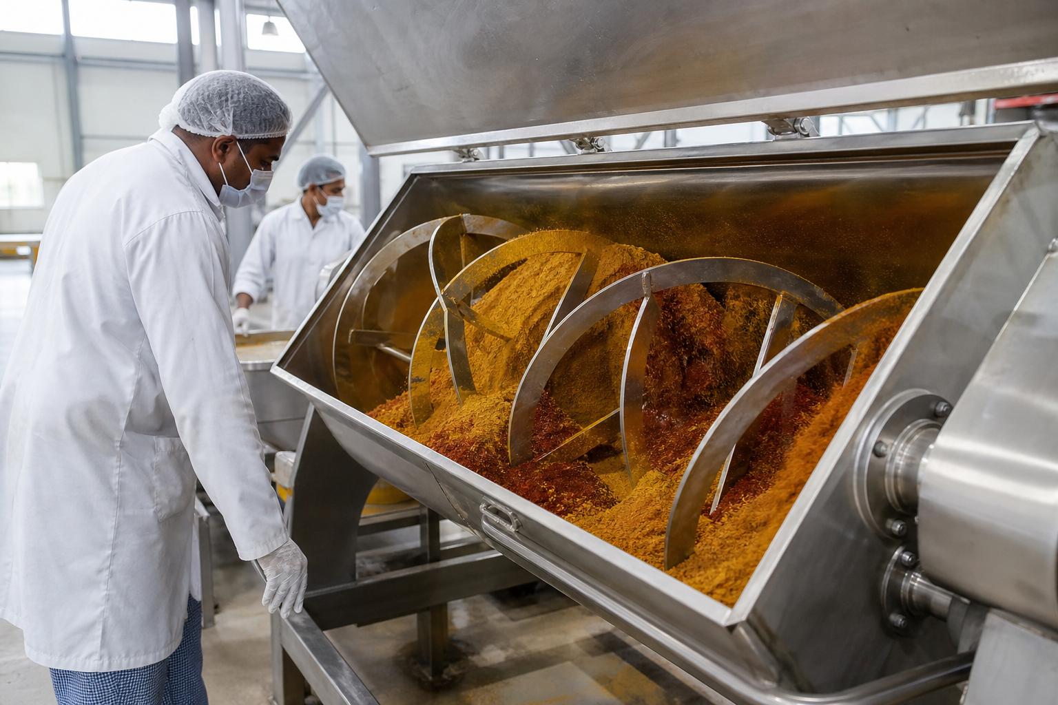Stainless steel ribbon blender mixing Indian curry powder and masala blends