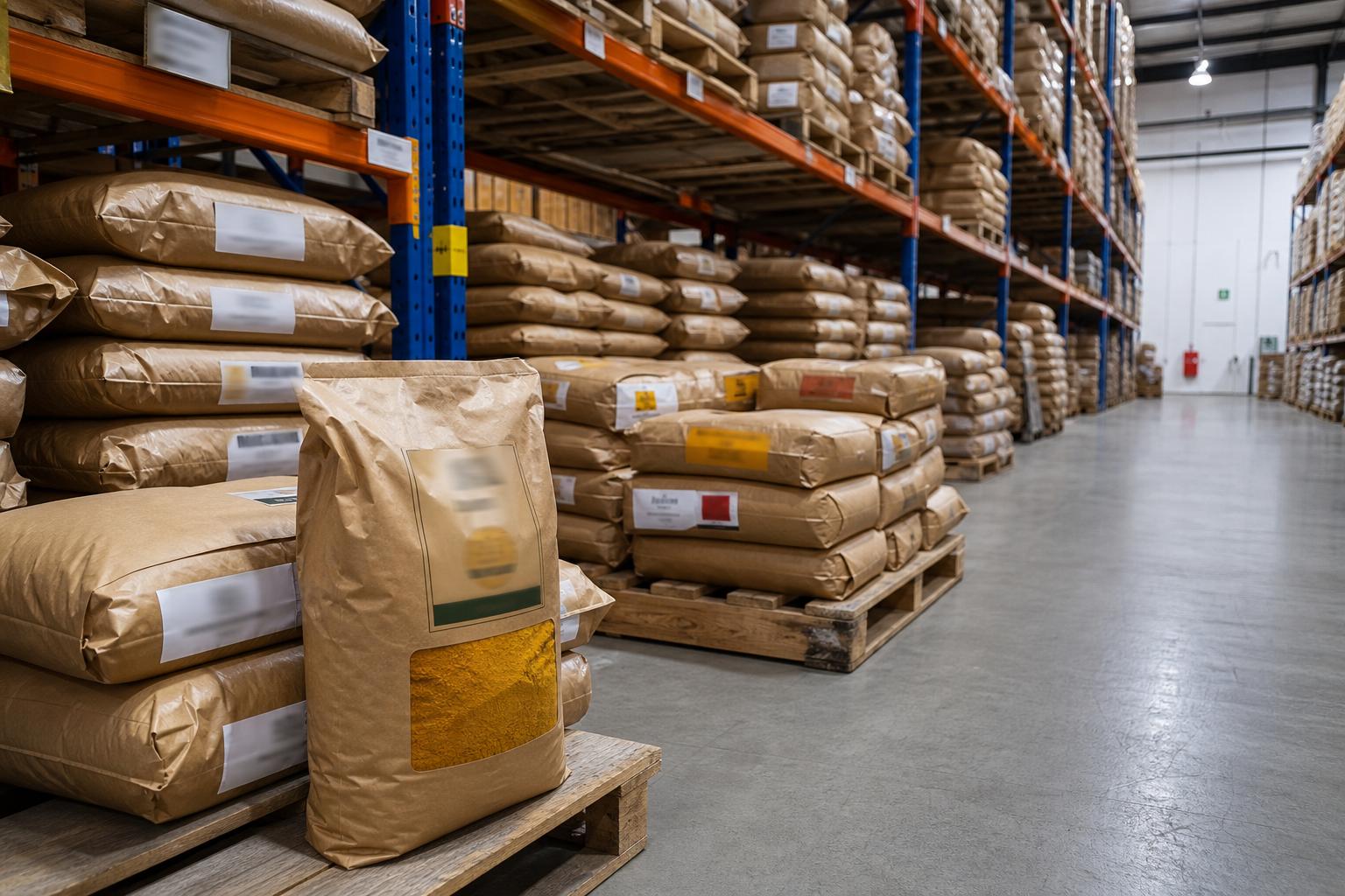 Palletized spice blend inventory in a dry food-grade warehouse