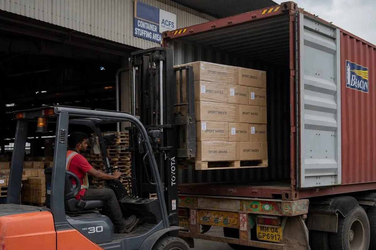 Forklift stuffing palletized cartons of Indian sport shoes into a shipping container for FCL ocean export