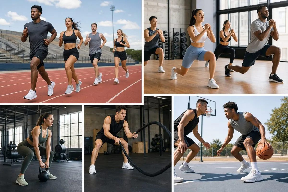 Runners and gym athletes wearing Indian-export athletic training shoes on track and in a fitness studio