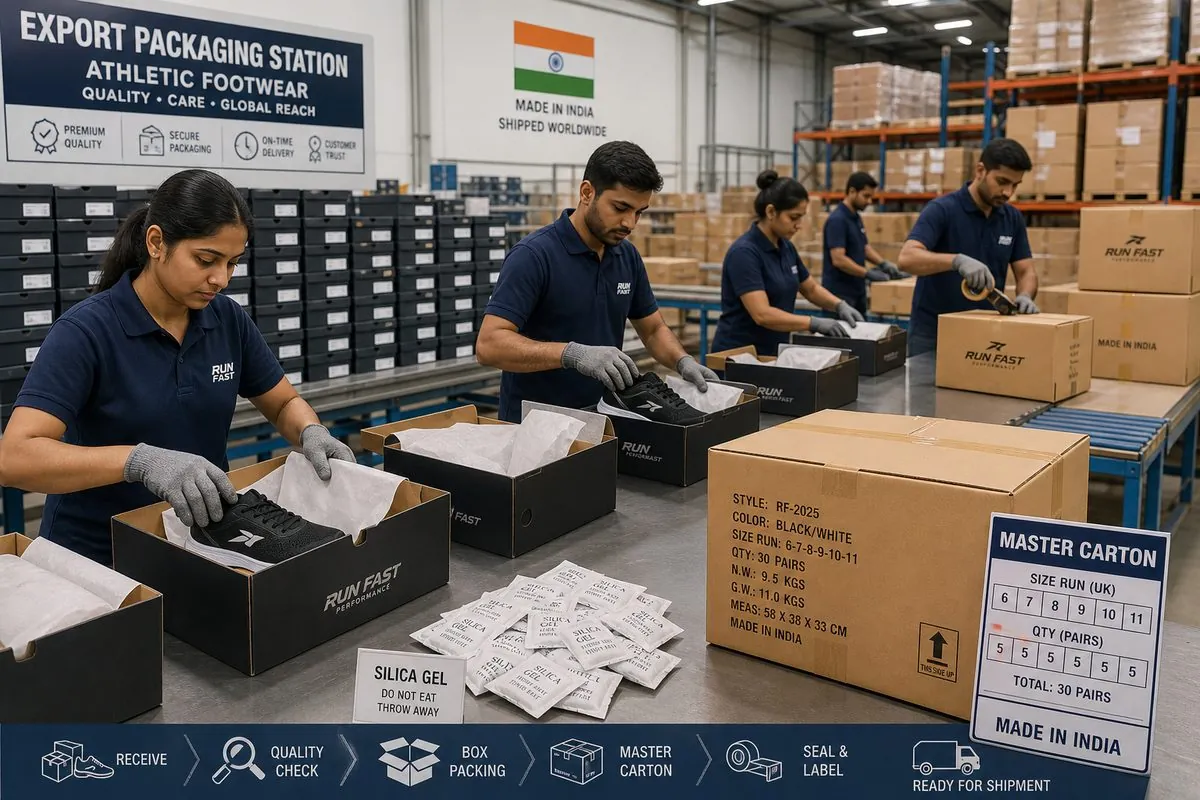 Workers packing sport shoes into individual retail boxes and stacking master cartons for wholesale export from India